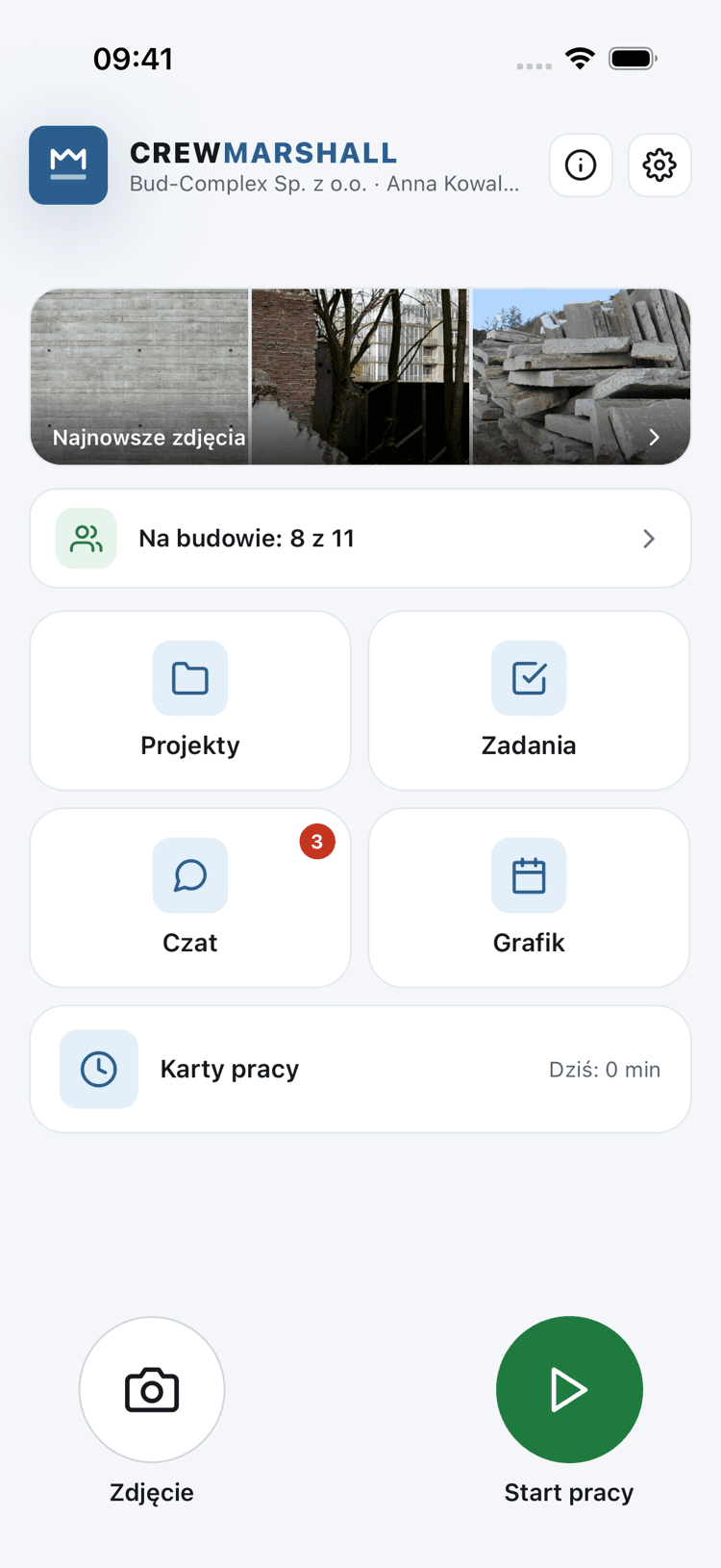 Ekran główny aplikacji mobilnej: przycisk startu pracy, zdjęcia z budowy, czat i grafik