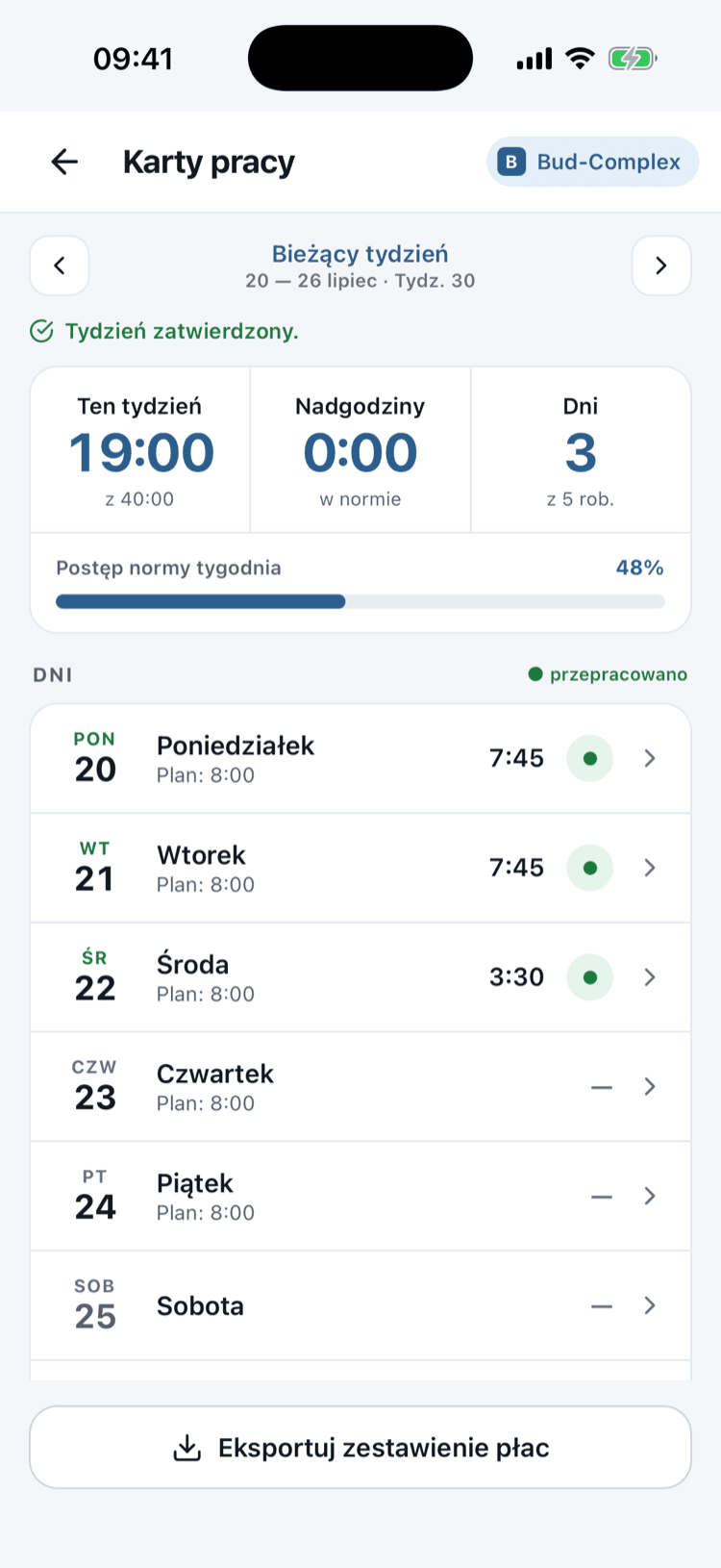 Karty pracy w aplikacji mobilnej: tygodniowe podsumowanie godzin z planem dnia