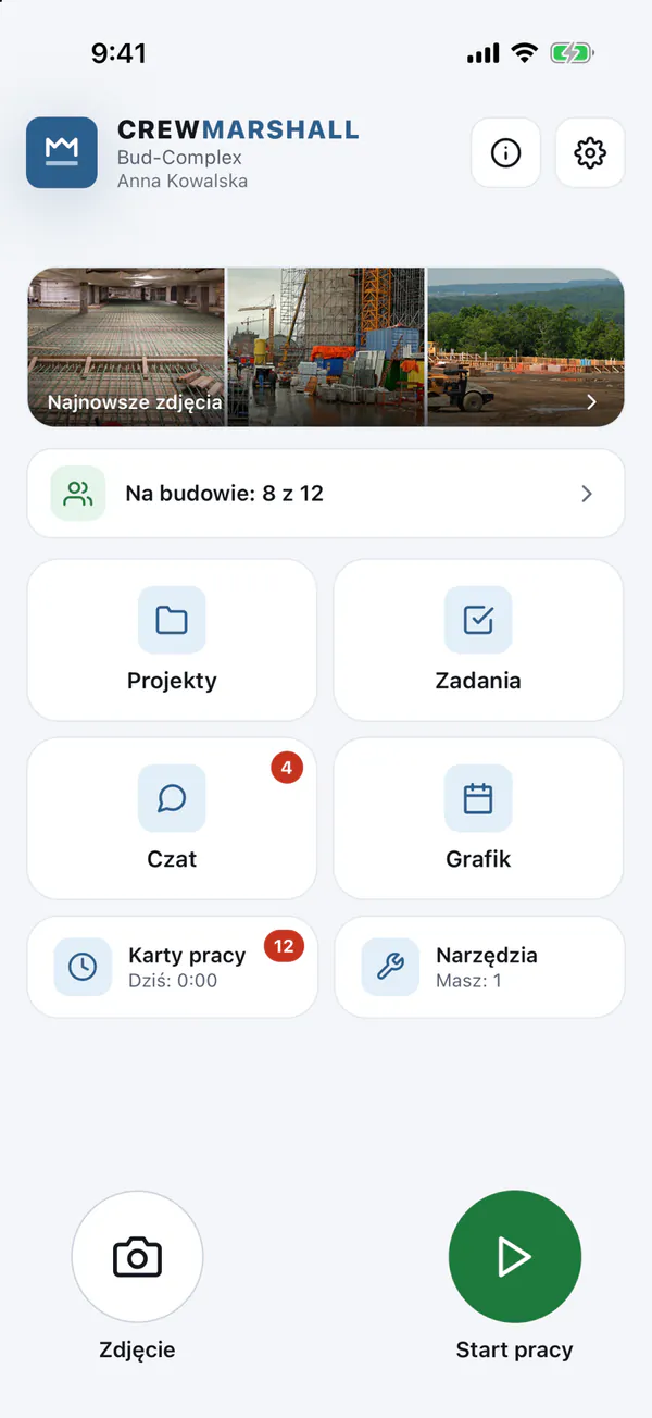 Ekran główny aplikacji mobilnej: przycisk startu pracy, zdjęcia z budowy, czat i grafik